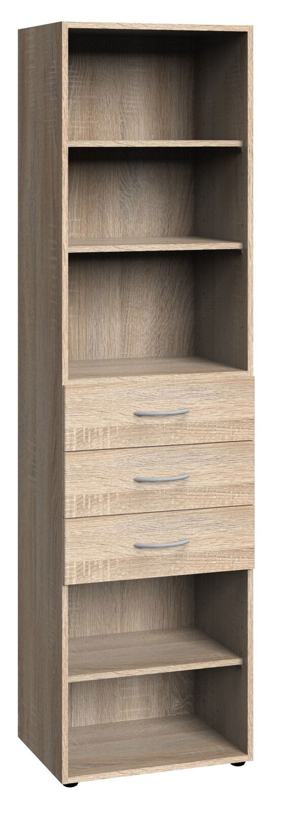 Hohes Regal aus Holz mit mehreren offenen Fächern und drei Schubladen, frontal betrachtet.