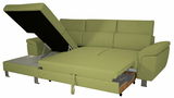 Grünes Ecksofa mit ausziehbarem Bett und Stauraum, Perspektive von vorne links