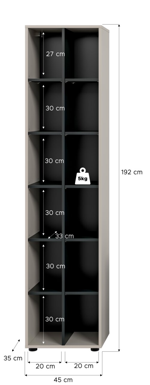 Schmaler, hoher Regal-/Schrankkorpus in Hellgrau mit schwarzer Innenaufteilung, 192 cm hoch und 45 cm breit, mit mehreren Fächern (u. a. 27 cm und 30 cm Fachhöhe), 33 cm Fachtiefe und 5 kg Tragkraft pro Fach; dargestellt in frontaler Ansicht mit Maßangabe
