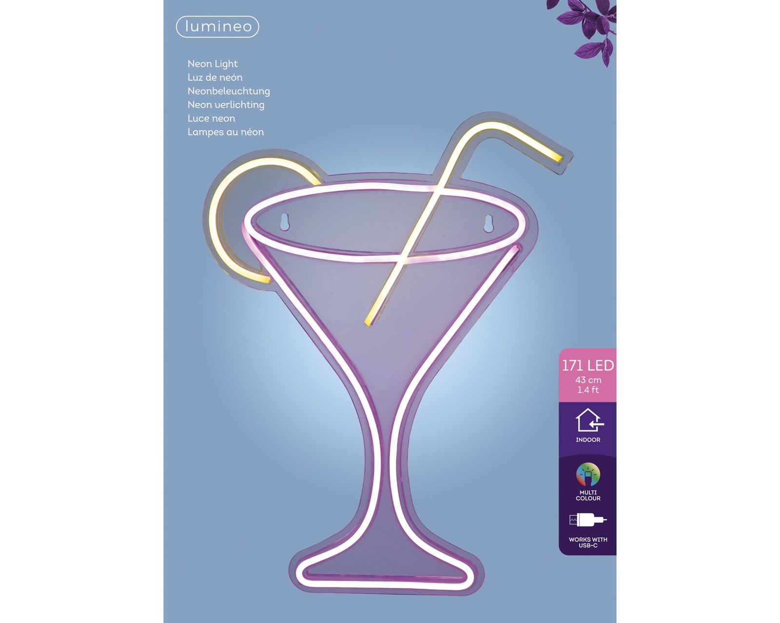 LED Neonlicht in Form eines Cocktailglases mit Strohhalm, Vorderansicht