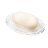 Klarer Seifenhalter mit ovaler Form, von oben betrachtet, mit einem Stück Seife darauf.