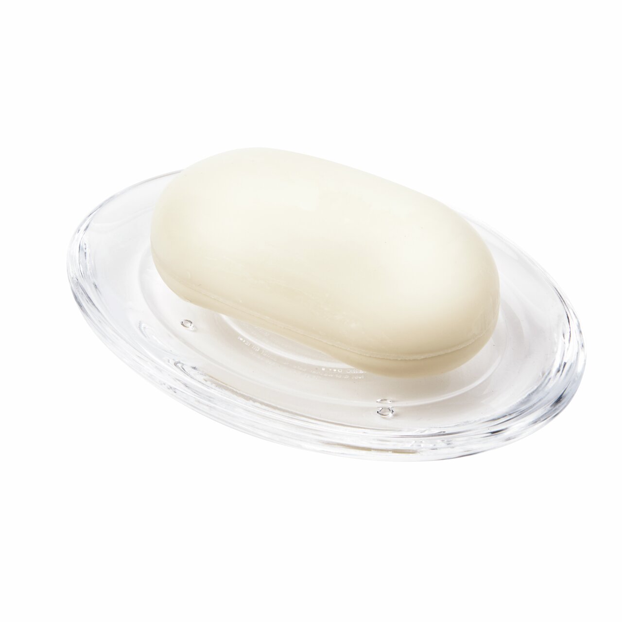Klarer Seifenhalter mit ovaler Form, von oben betrachtet, mit einem Stück Seife darauf.
