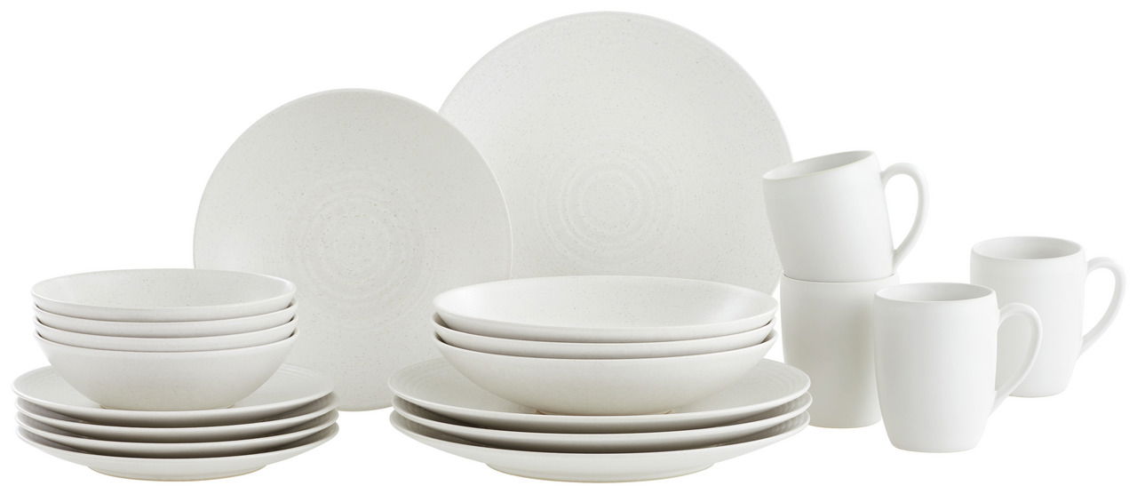 Kombiservice Bella Vista 24-teilig, bestehend aus weißen Tellern, Schalen und Tassen, frontal präsentiert.