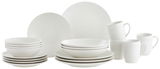 Kombiservice Bella Vista 24-teilig, bestehend aus weißen Tellern, Schalen und Tassen, frontal präsentiert.