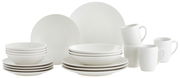 Kombiservice Bella Vista 24-teilig, bestehend aus weißen Tellern, Schalen und Tassen, frontal präsentiert.