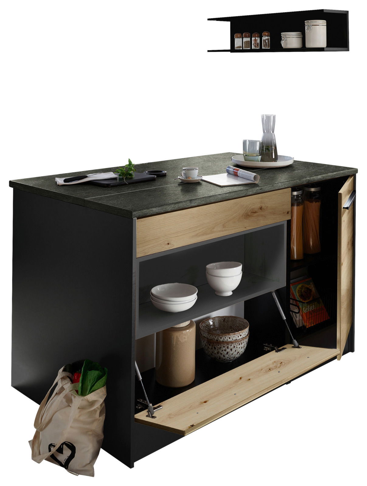 Kücheninsel mit dunkler Arbeitsplatte, Holzdetails und offenen Regalen, gefüllt mit Geschirr und Vorratsbehältern, seitliche Perspektive.