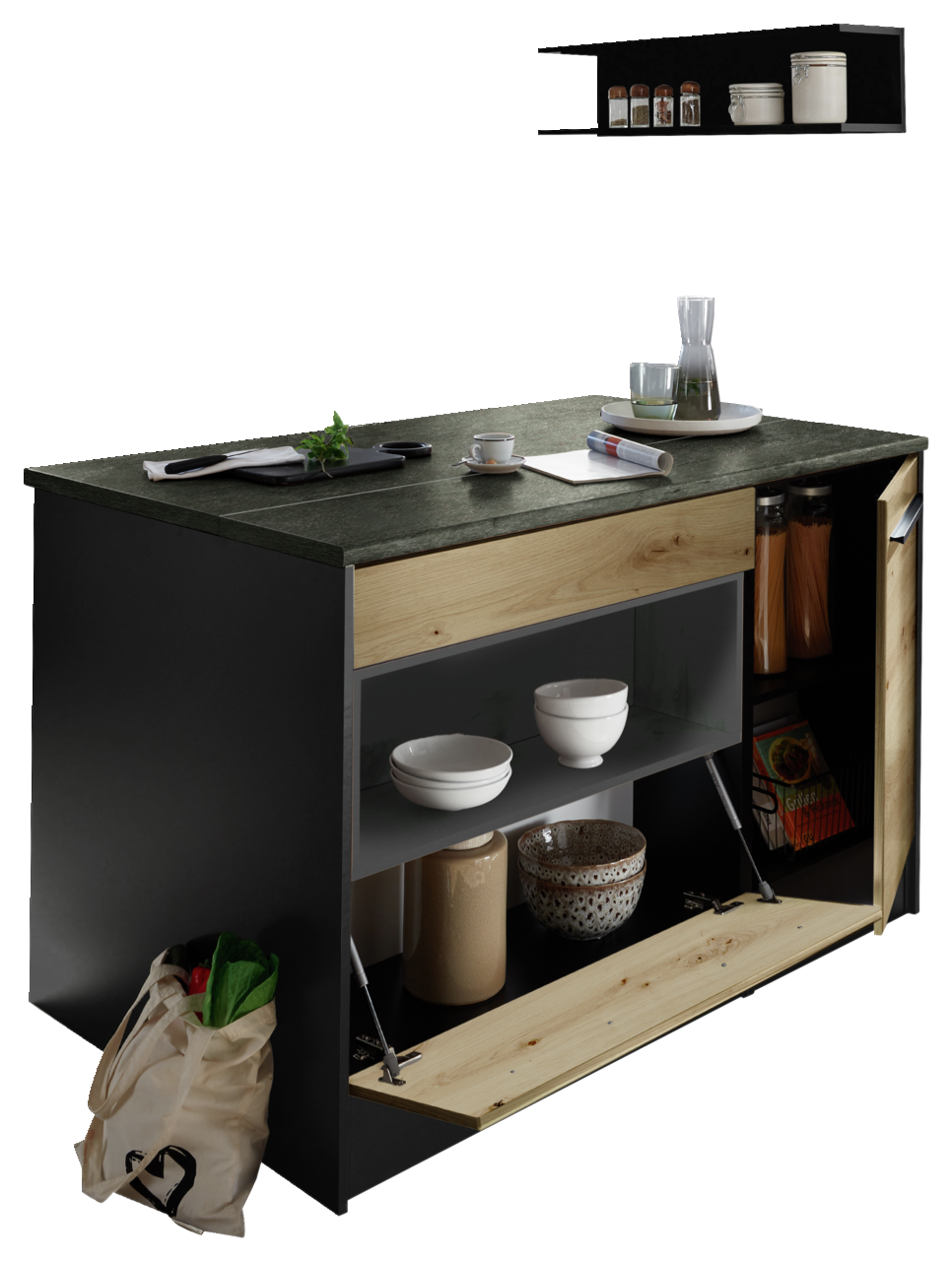 Kücheninsel mit dunkler Arbeitsplatte, Holzdetails und offenen Regalen, gefüllt mit Geschirr und Vorratsbehältern, seitliche Perspektive.