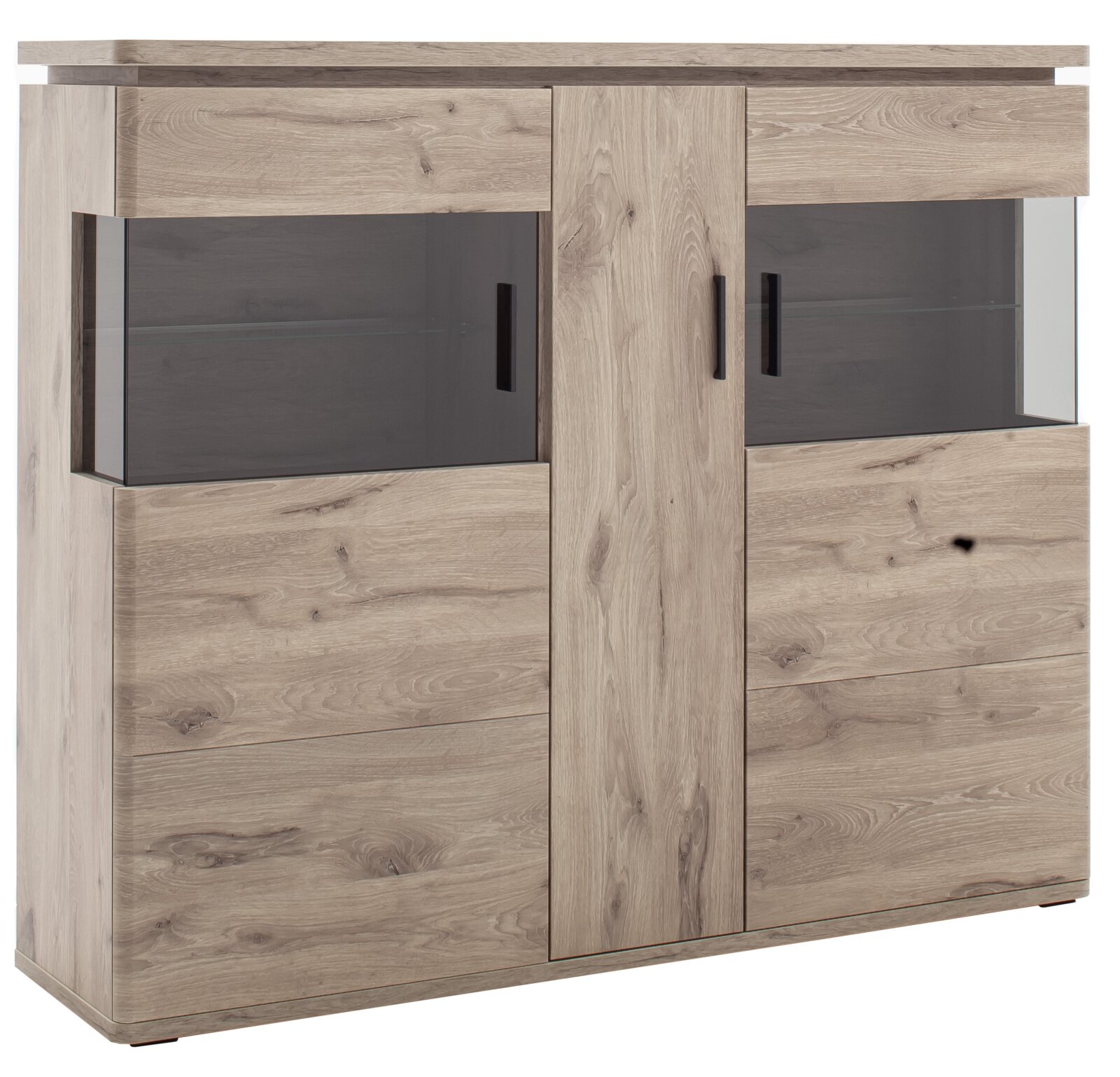 Zurbrüggen Highboard MODENA Moderne Kommode/Sideboard in heller Eichenholz-Optik mit zwei Rauchglas-Schiebetüren und schwarzen Griffen, frontale Ansicht.