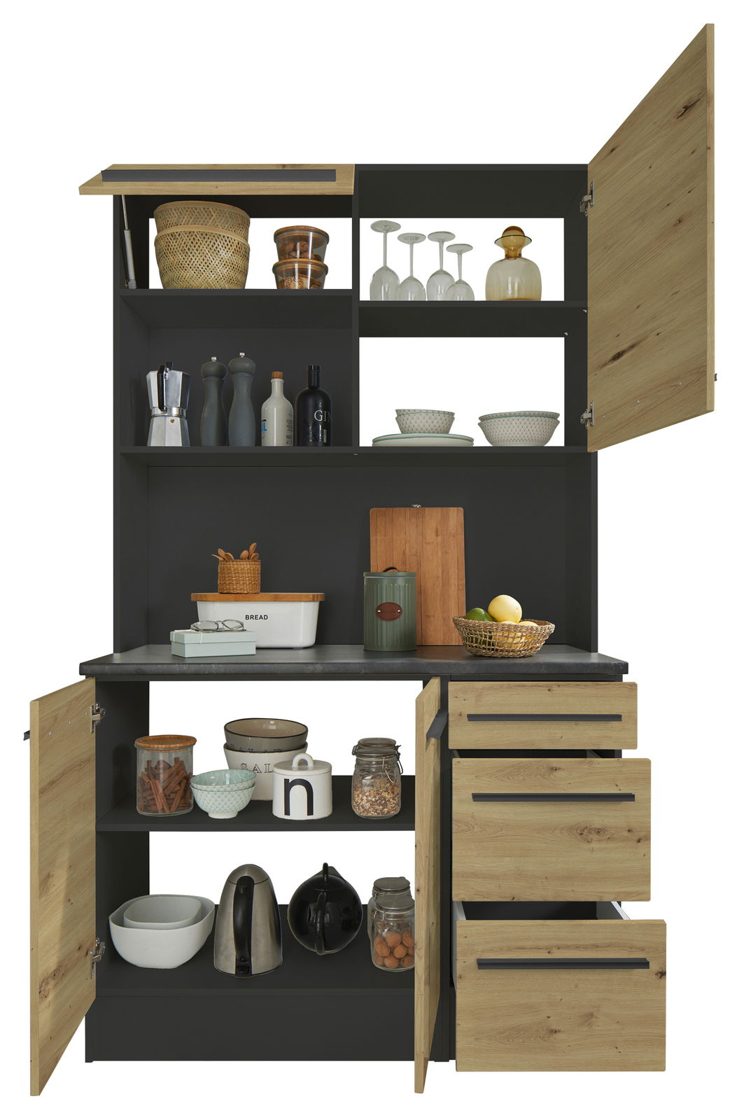 Frontale Ansicht eines Buffet-Schranks mit offenen Türen und Schubladen, gefüllt mit Küchenutensilien und Geschirr.