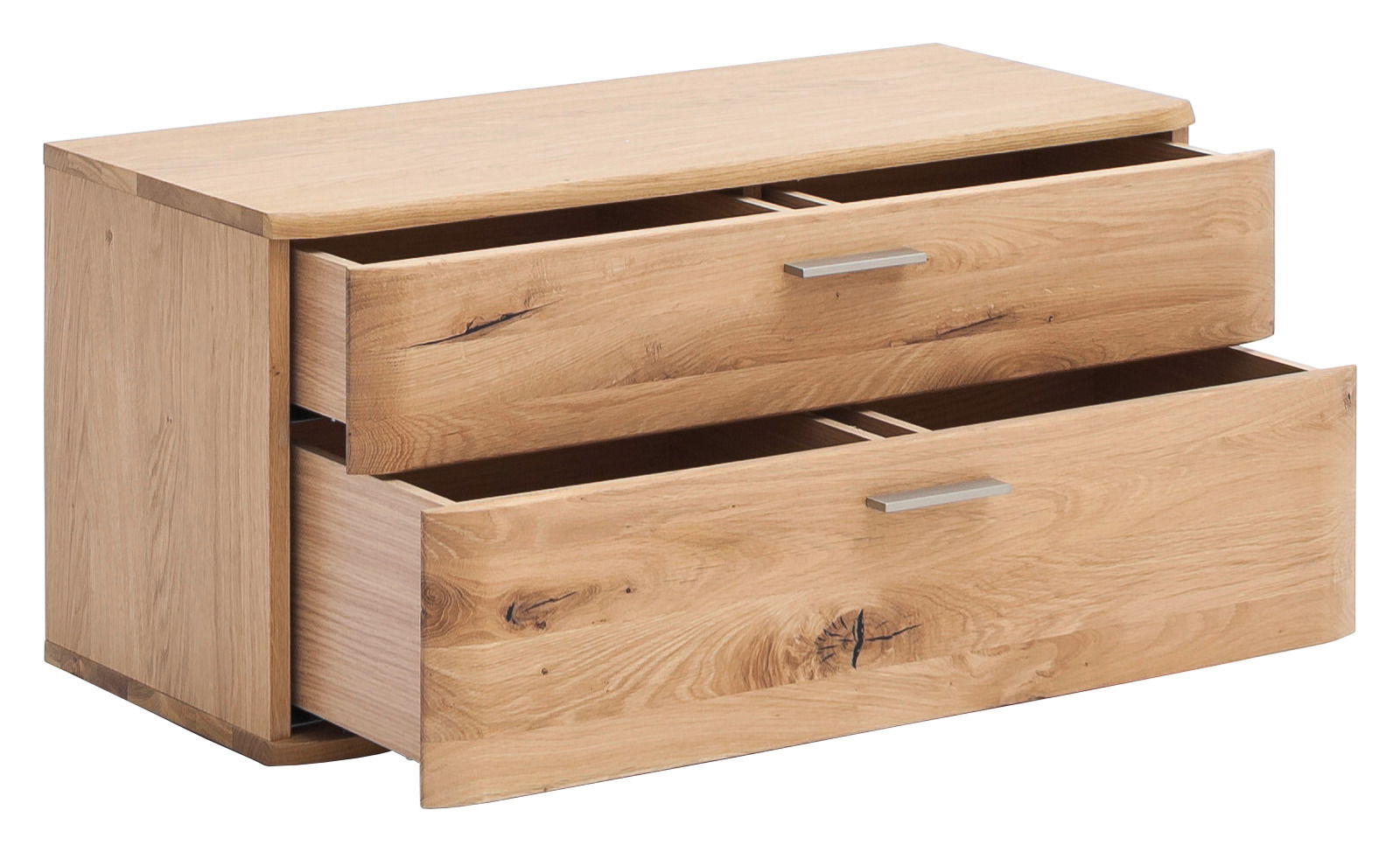 Garderobenbank aus Holz mit zwei offenen Schubladen, seitliche Perspektive