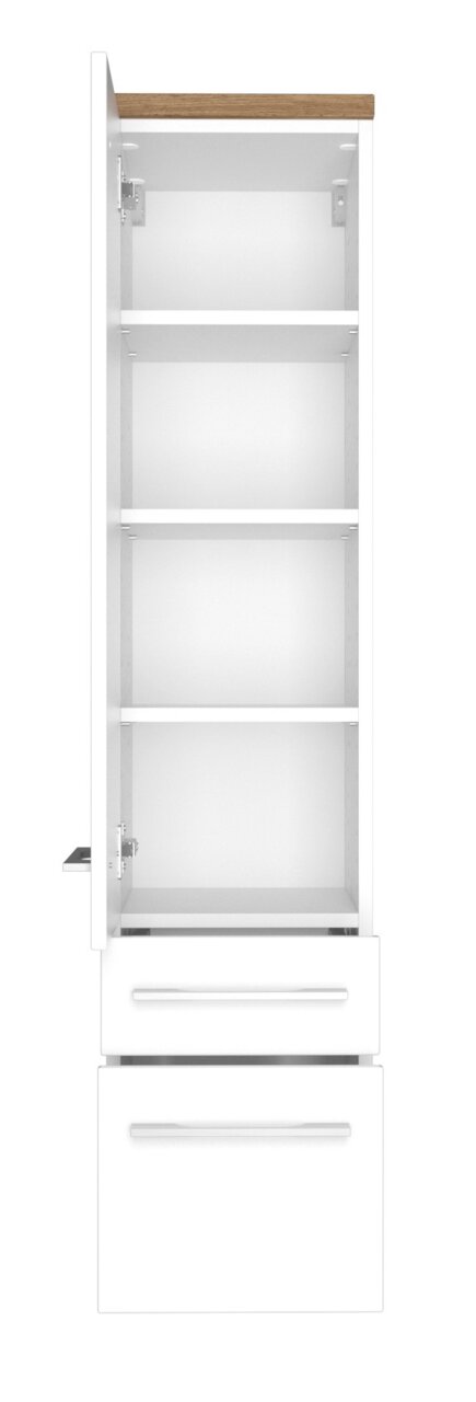 XORA Midischrank DAVOS Weißer Midischrank mit Holzakzent, offene Tür, drei Regalböden und zwei Schubladen, Frontalansicht