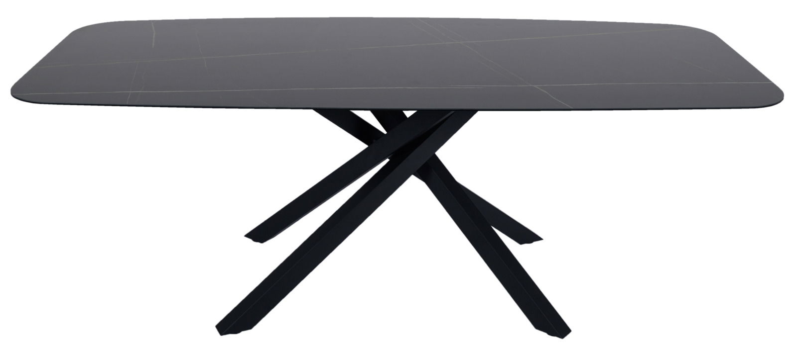 Moderner Esstisch mit schwarzer Tischplatte und gekreuzten Beinen, seitliche Perspektive