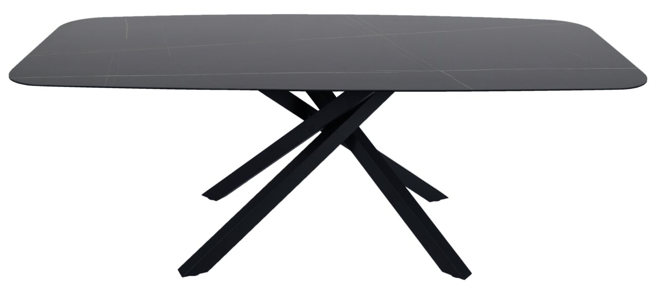 Moderner Esstisch mit schwarzer Tischplatte und gekreuzten Beinen, seitliche Perspektive