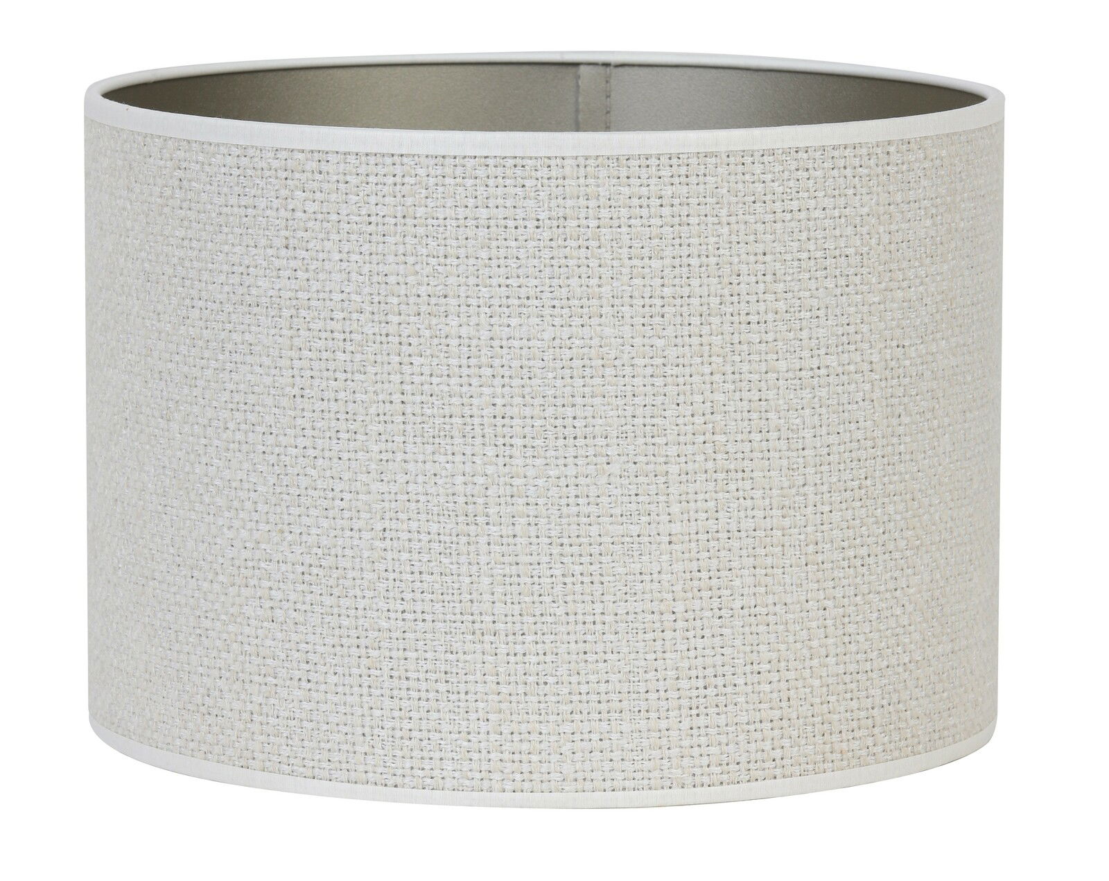 Zylindrischer Lampenschirm aus hellem Stoff, seitliche Perspektive
