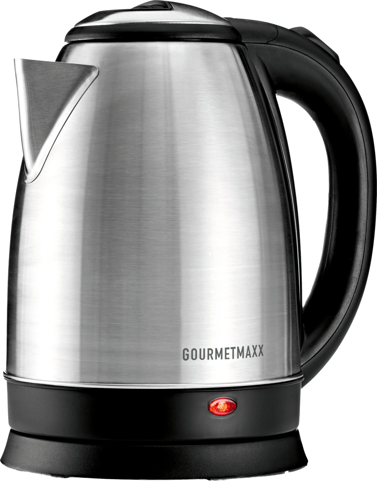 Gourmetmaxx elektrische waterkoker van geborsteld roestvrij staal met zwarte handgreep, deksel en voet, vanuit vooraanzicht licht van opzij weergegeven