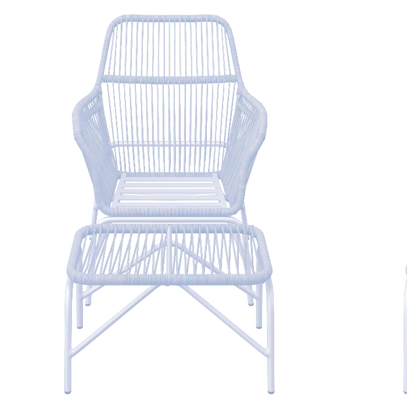 Frontansicht eines Relaxsessels mit passendem Fußhocker, aus geflochtenem Material und Metallrahmen.