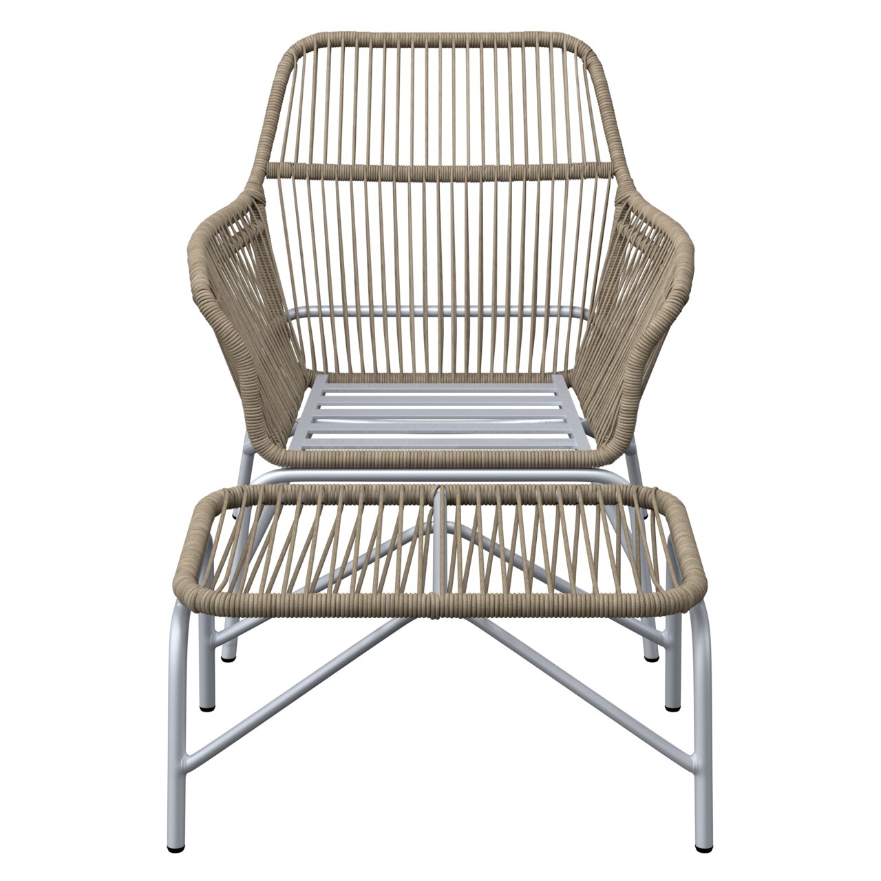 Frontansicht eines Relaxsessels mit passendem Fußhocker, aus geflochtenem Material und Metallrahmen.