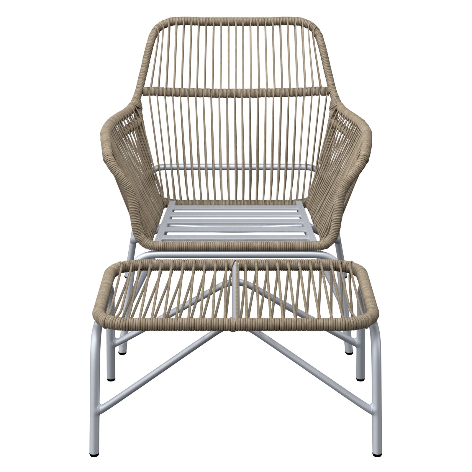 Vooraanzicht van een relaxfauteuil met bijpassende voetbank, gemaakt van gevlochten materiaal en een metalen frame.