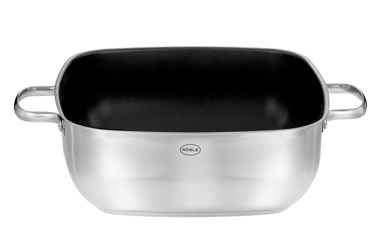 Schmorkasserolle aus Edelstahl, quadratisch, 28x28 cm, mit zwei Griffen, Ansicht von vorne