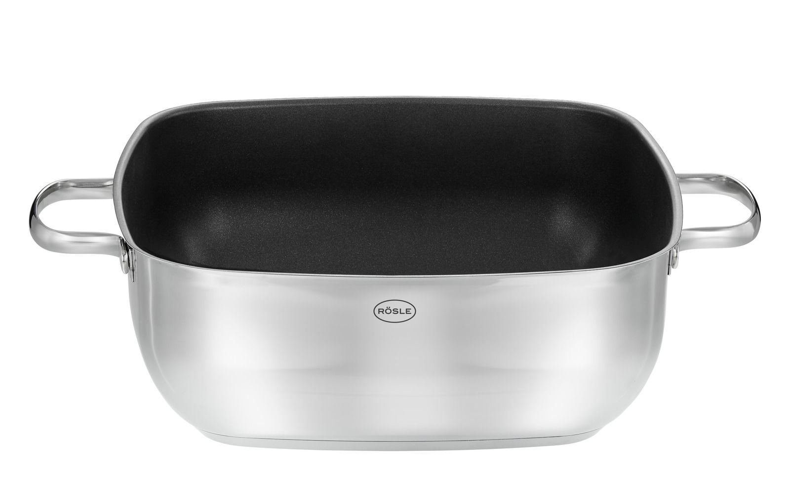 Schmorkasserolle aus Edelstahl, quadratisch, 28x28 cm, mit zwei Griffen, Ansicht von vorne