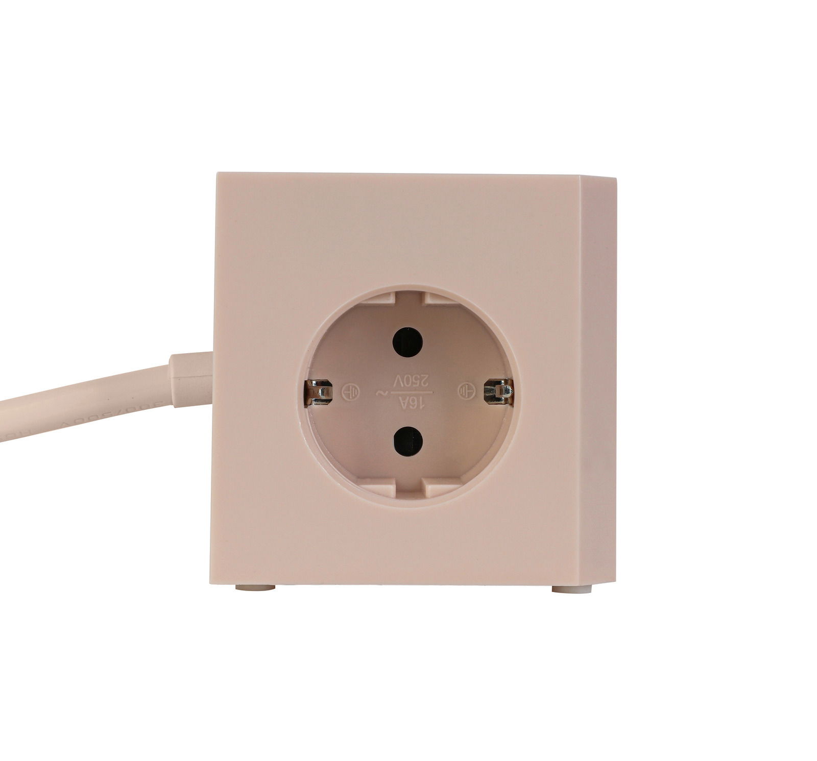 Vorderansicht eines Steckdosenwürfels mit einer einzelnen Steckdose und angeschlossenem Kabel.