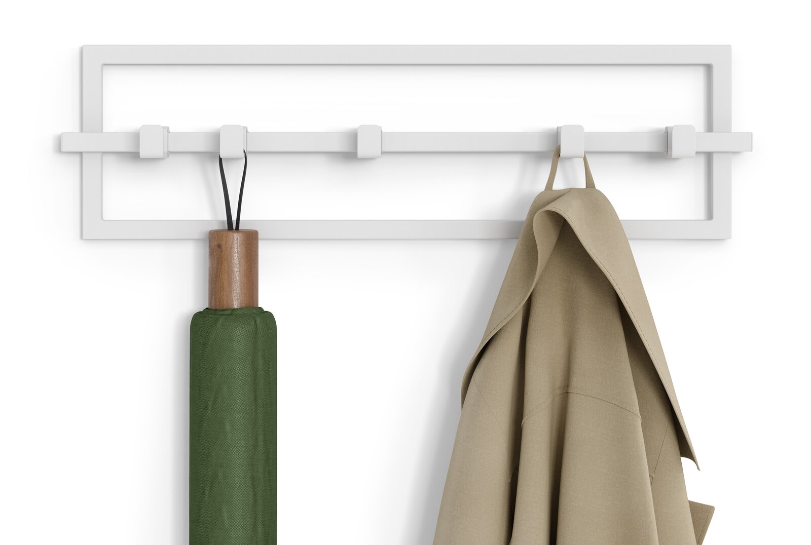Moderne Wandgarderobe in Weiß mit fünf Haken, frontal abgebildet, mit einem grünen Regenschirm und einem beigen Mantel.