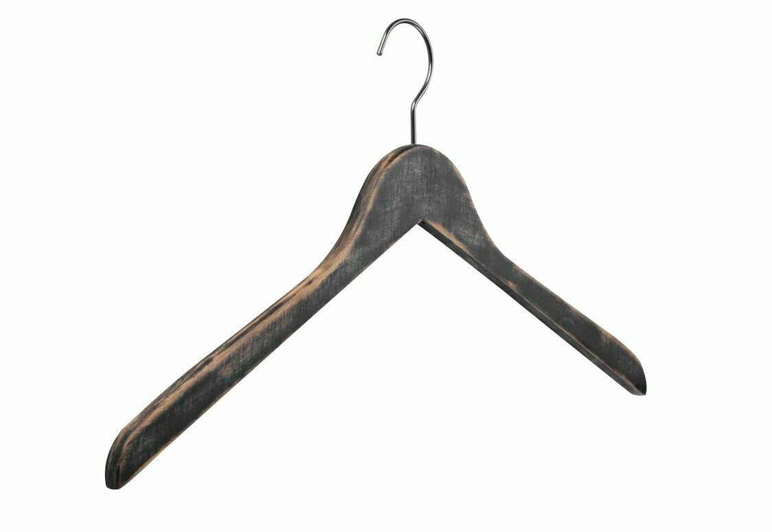 Schwarzer Holzbügel mit Metallhaken, Frontalansicht