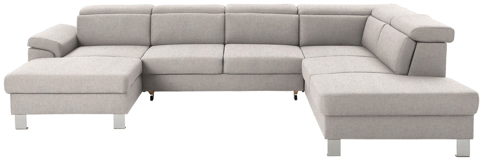 Graues Ecksofa in U-Form mit Blick von vorne, bestehend aus mehreren Sitzplätzen und einer Ottomane auf der linken Seite.