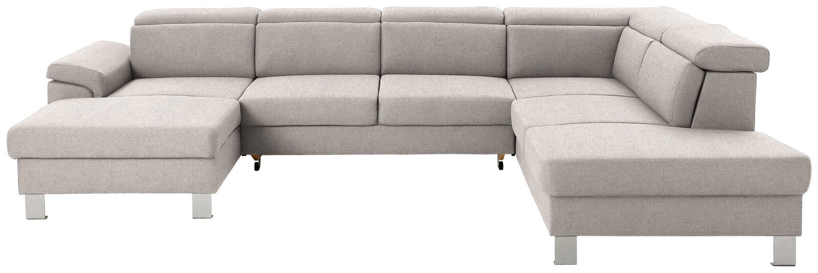 Graues Ecksofa in U-Form mit Blick von vorne, bestehend aus mehreren Sitzplätzen und einer Ottomane auf der linken Seite.