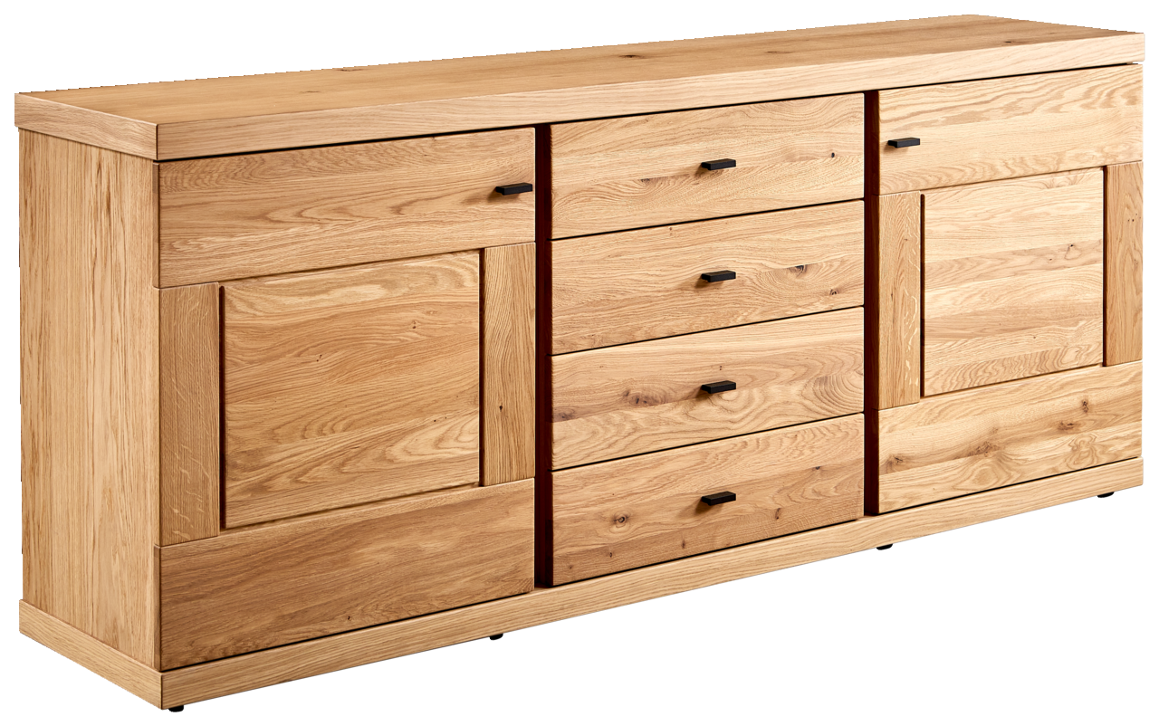 Holz-Sideboard mit mehreren Schubladen und Türen, seitliche Perspektive