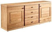 Holz-Sideboard mit mehreren Schubladen und Türen, seitliche Perspektive