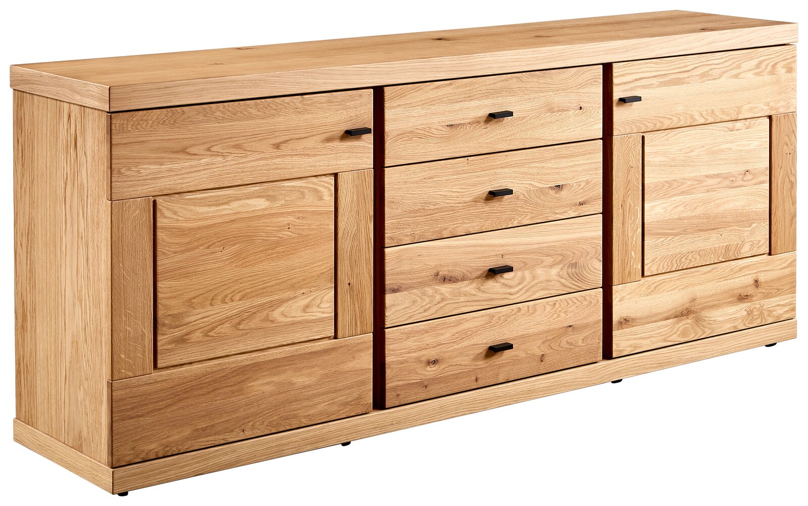 Holz-Sideboard mit mehreren Schubladen und Türen, seitliche Perspektive