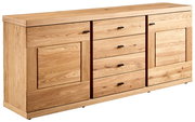 Holz-Sideboard mit mehreren Schubladen und Türen, seitliche Perspektive