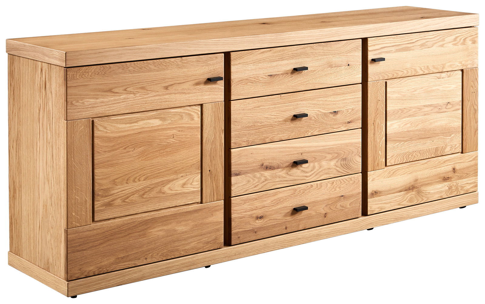 Holz-Sideboard mit mehreren Schubladen und Türen, seitliche Perspektive