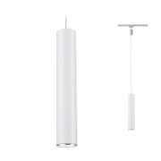 Cilindrische, witte hanglamp gezien vanaf de zijkant, hangend aan een kabel aan een rail.