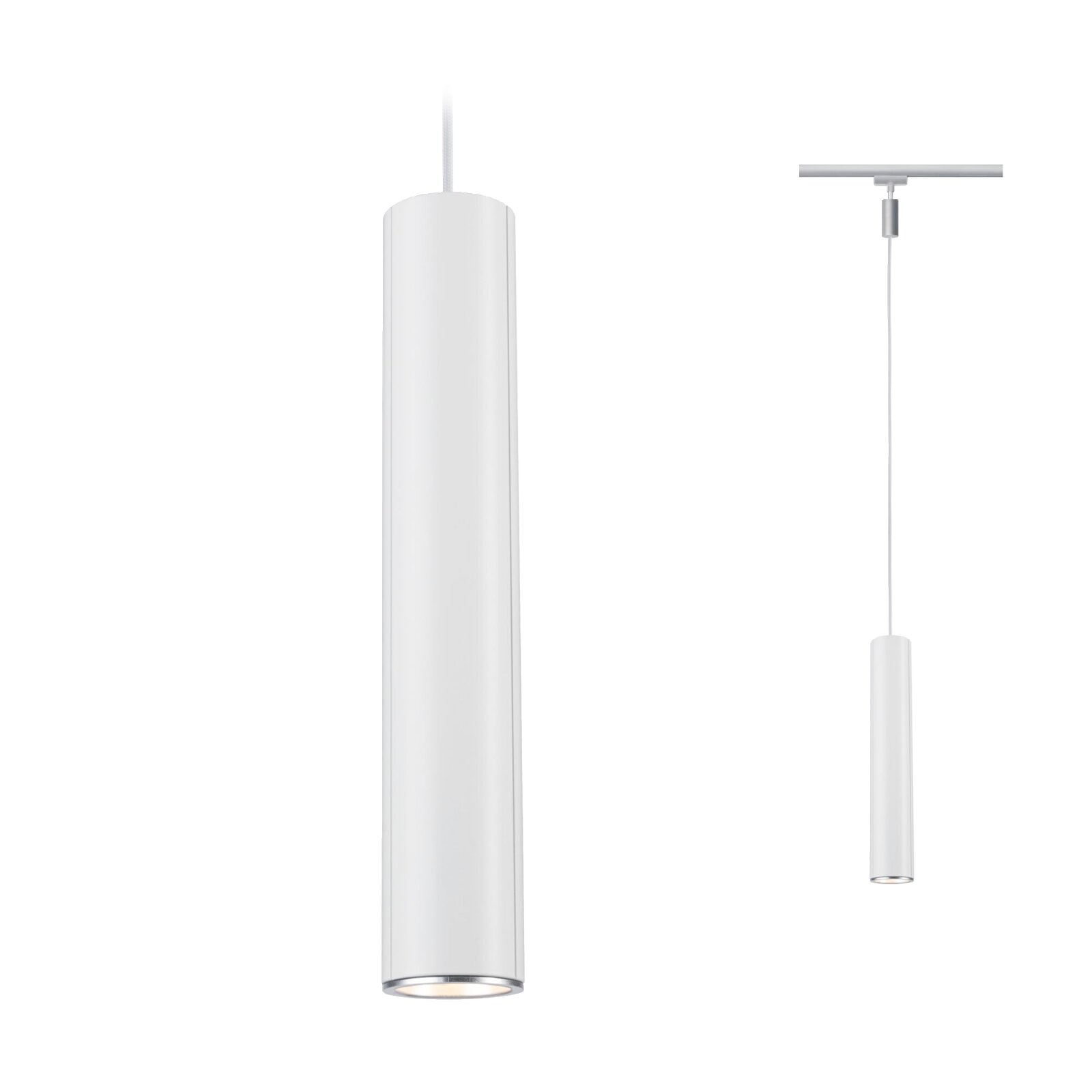 Cilindrische, witte hanglamp gezien vanaf de zijkant, hangend aan een kabel aan een rail.