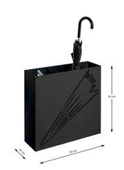 Schwarzer, rechteckiger Regenschirmständer aus Metall mit Schirm-Motiv, Maße ca. 50 x 16 x 48 cm, mit eingestecktem geschlossenem Regenschirm; Perspektive: schräg von vorne/leicht seitlich