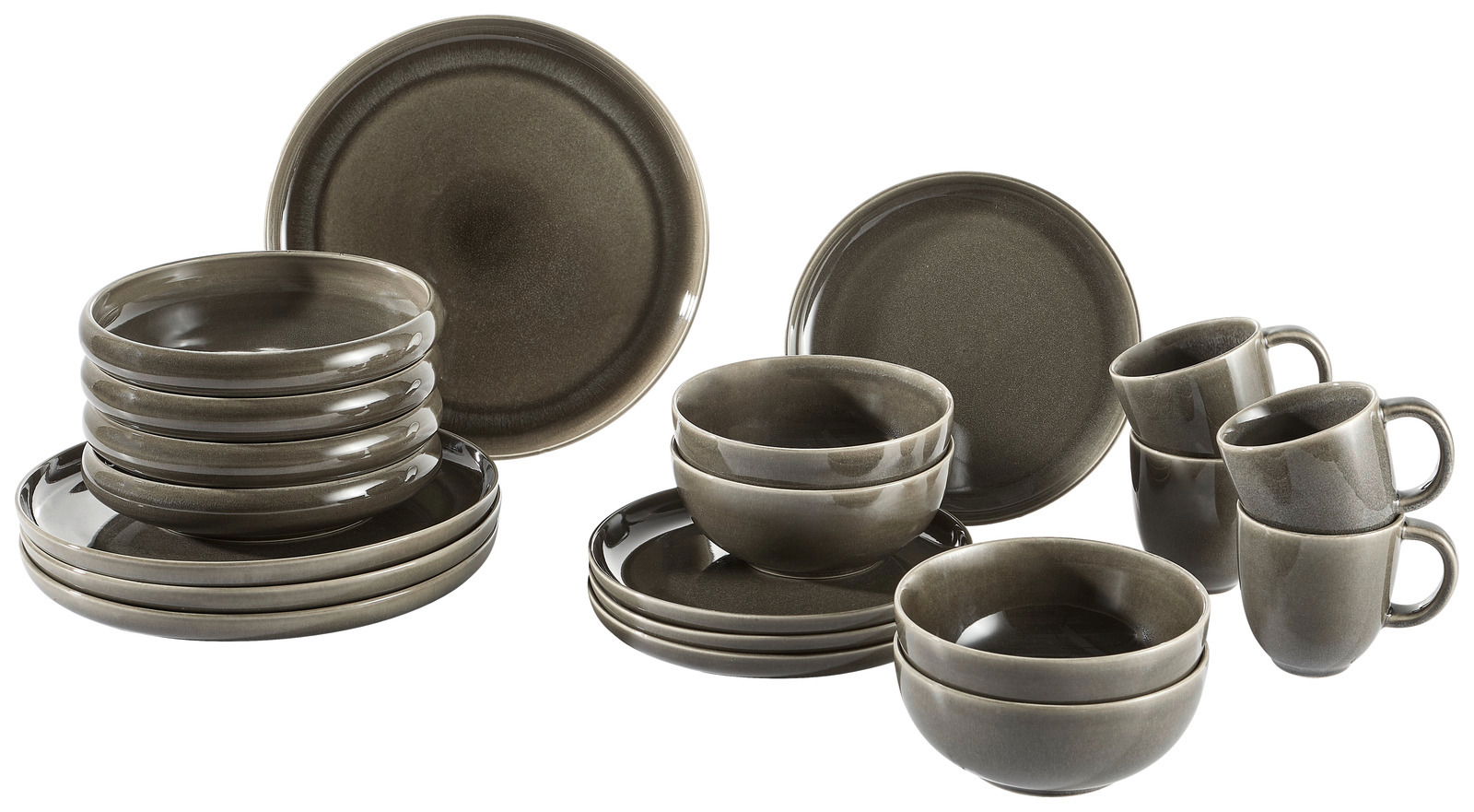 blomus Kombiservice 20-tlg. CANJU Perspektive auf ein 20-teiliges Geschirrset in Pewter-Farbe, bestehend aus Tellern, Schalen und Tassen.