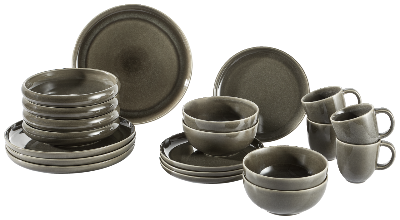 Perspektive auf ein 20-teiliges Geschirrset in Pewter-Farbe, bestehend aus Tellern, Schalen und Tassen.