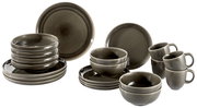 Perspektive auf ein 20-teiliges Geschirrset in Pewter-Farbe, bestehend aus Tellern, Schalen und Tassen.
