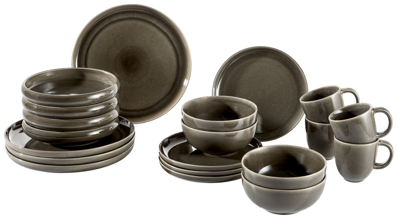 Perspektive auf ein 20-teiliges Geschirrset in Pewter-Farbe, bestehend aus Tellern, Schalen und Tassen.