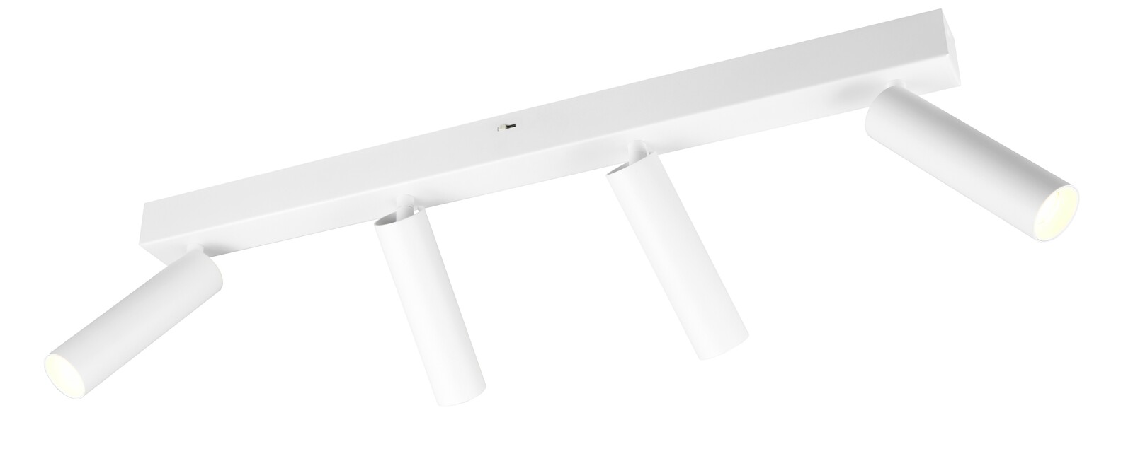 Moderner weißer Deckenstrahler mit vier verstellbaren Spots, seitliche Perspektive