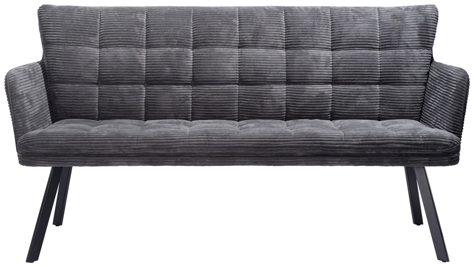 Graue Sitzbank mit gestepptem Stoffbezug und schwarzen Beinen, Frontalansicht