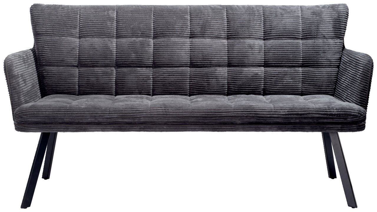 Graue Sitzbank mit gestepptem Stoffbezug und schwarzen Beinen, Frontalansicht