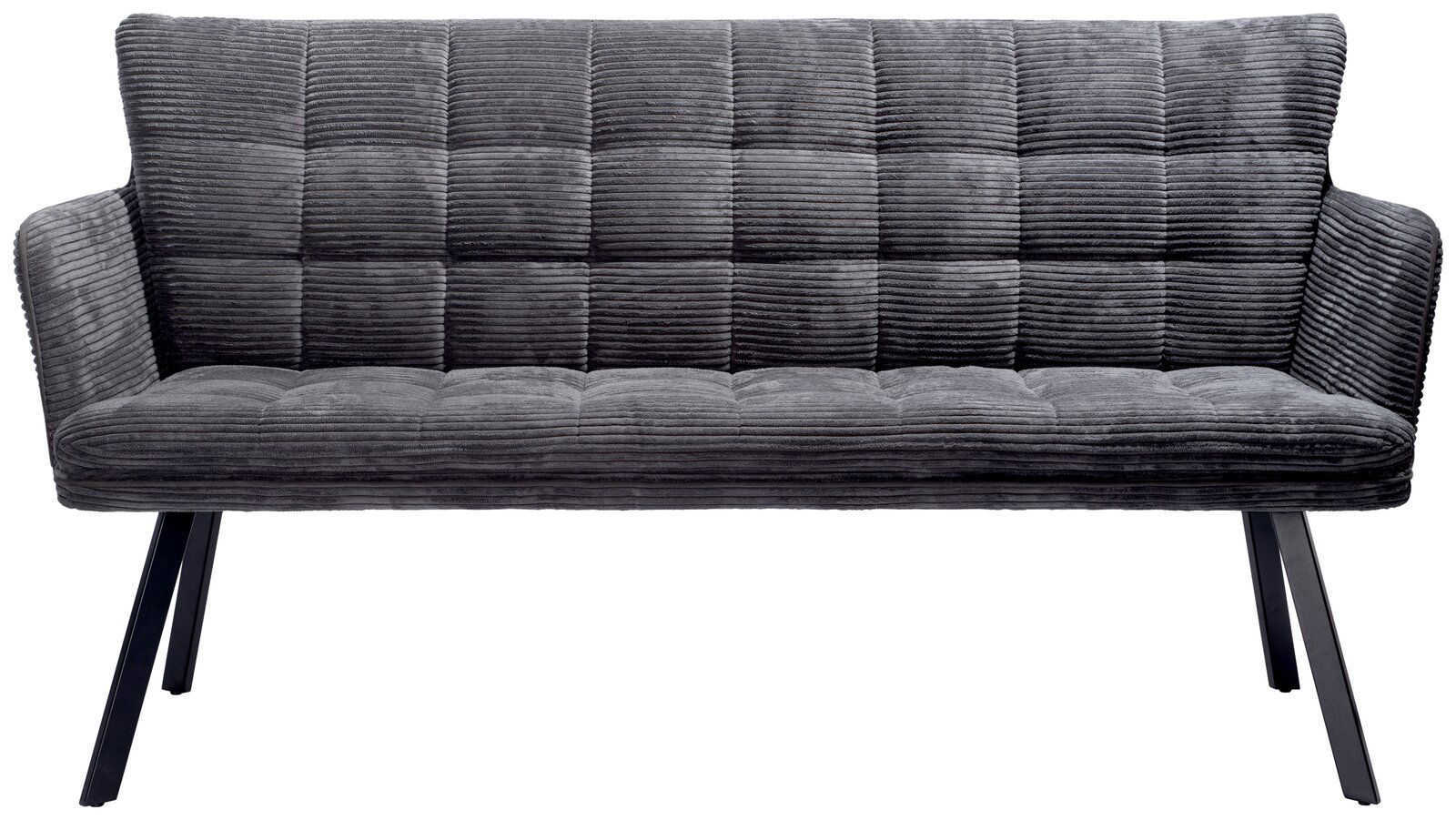 Graue Sitzbank mit gestepptem Stoffbezug und schwarzen Beinen, Frontalansicht