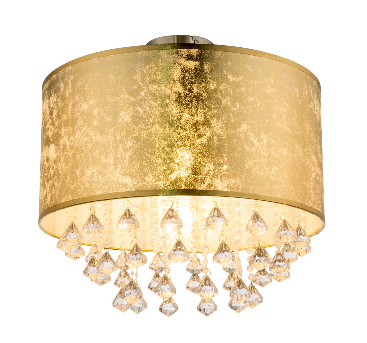 Goldene Deckenleuchte mit Kristallanhängern, seitliche Perspektive