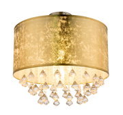 Goldene Deckenleuchte mit Kristallanhängern, seitliche Perspektive