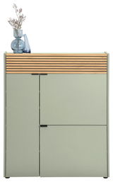 Moderner Schuhschrank in hellem Grün mit Holzlamellen und dekorativen Vasen, Frontalansicht