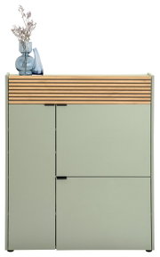 Moderner Schuhschrank in hellem Grün mit Holzlamellen und dekorativen Vasen, Frontalansicht