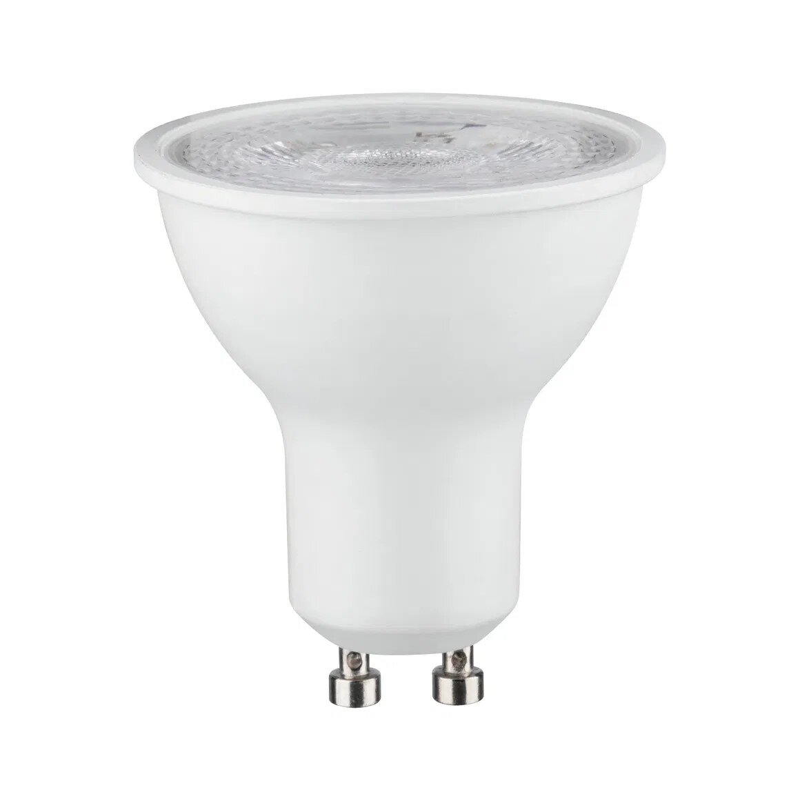 Weiße LED-Spotlampe mit GU10-Sockel, freigestellt auf weißem Hintergrund, Frontansicht leicht von oben